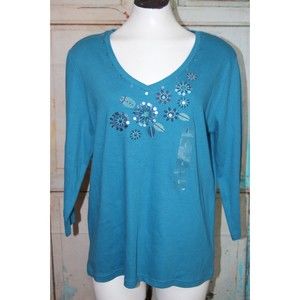 Classic Elements Womens Teal Blue Knit V-neck 3/4 Sleeve T-Shirt Top Size L NWT